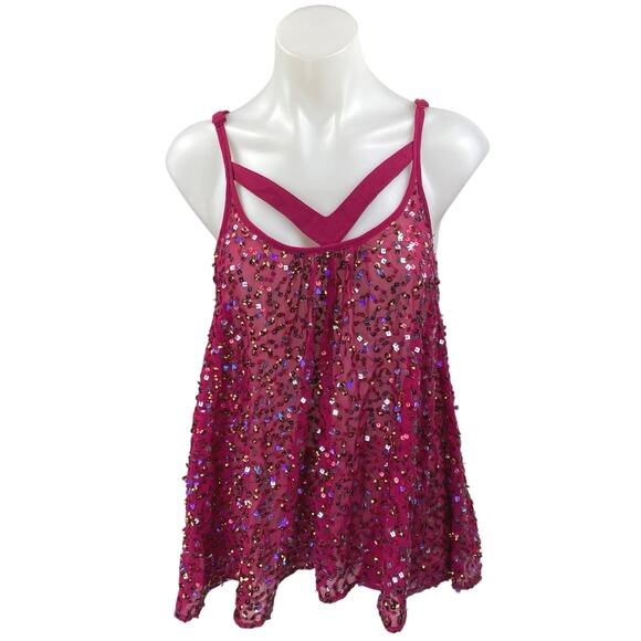 Rudi Women's Red Sequin Mesh Sleeveless Cutout Cami Tank Blouse Top Size S - Picture 1 of 3